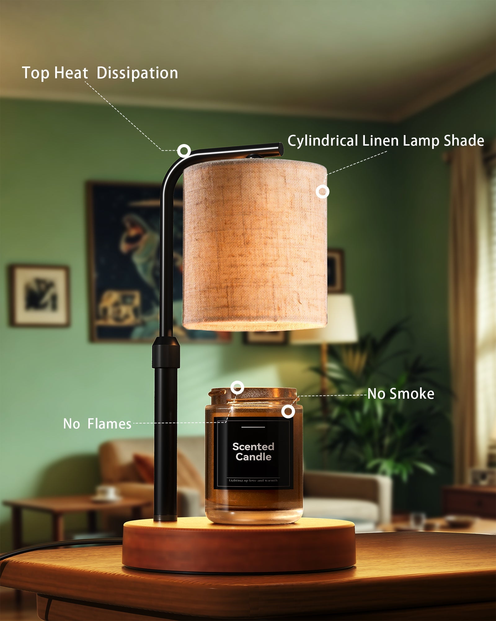 Linen candle warmer on desk with headphones warm ambiance