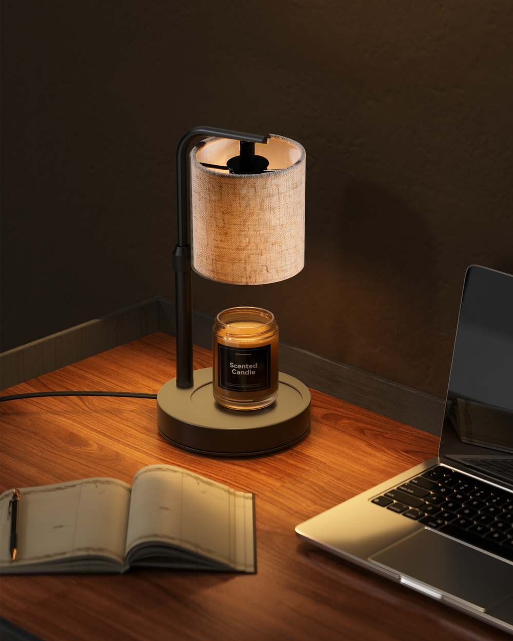 Candle warmer on desk with laptop and notebook office