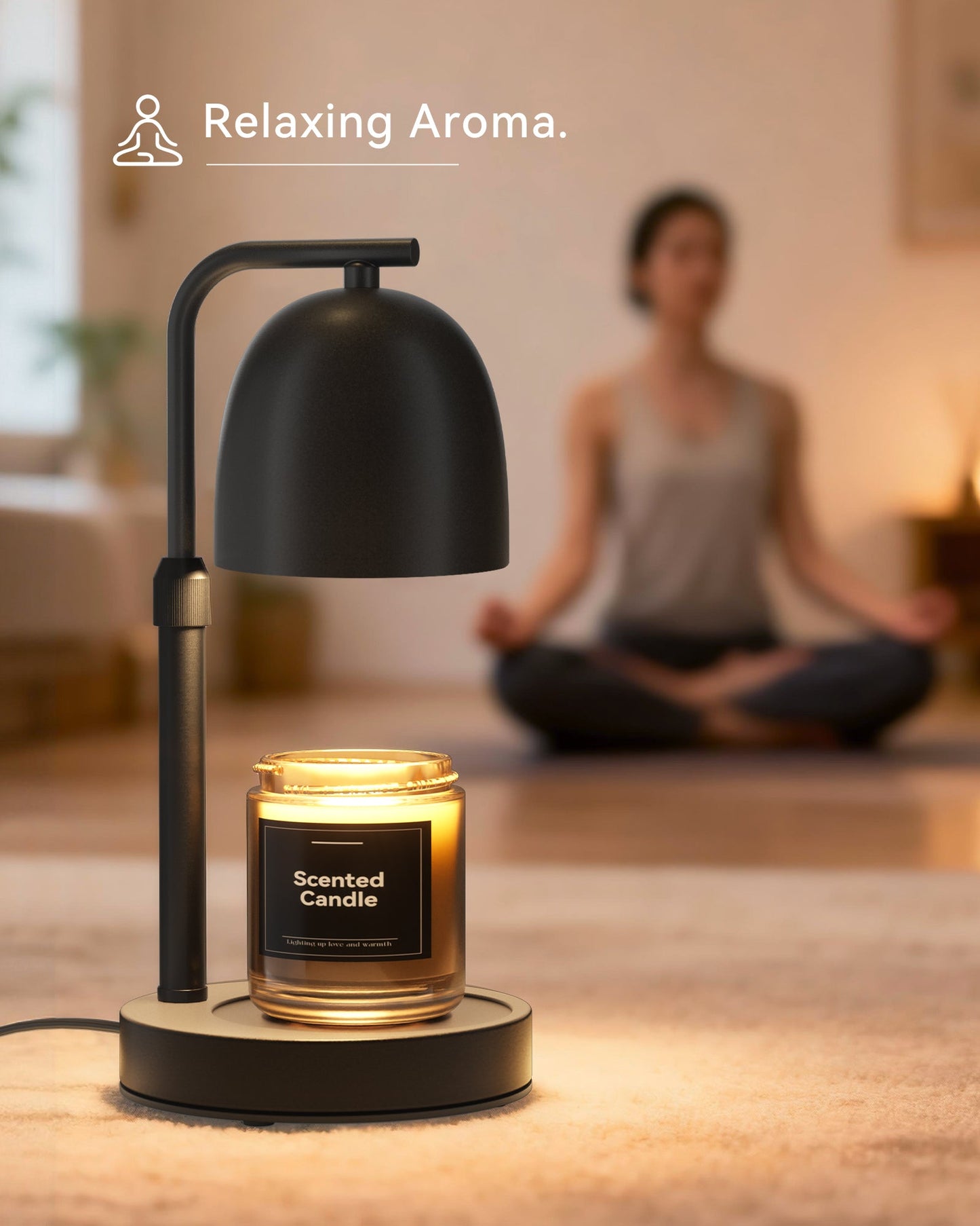 Candle warmer warm glow on desk with books office