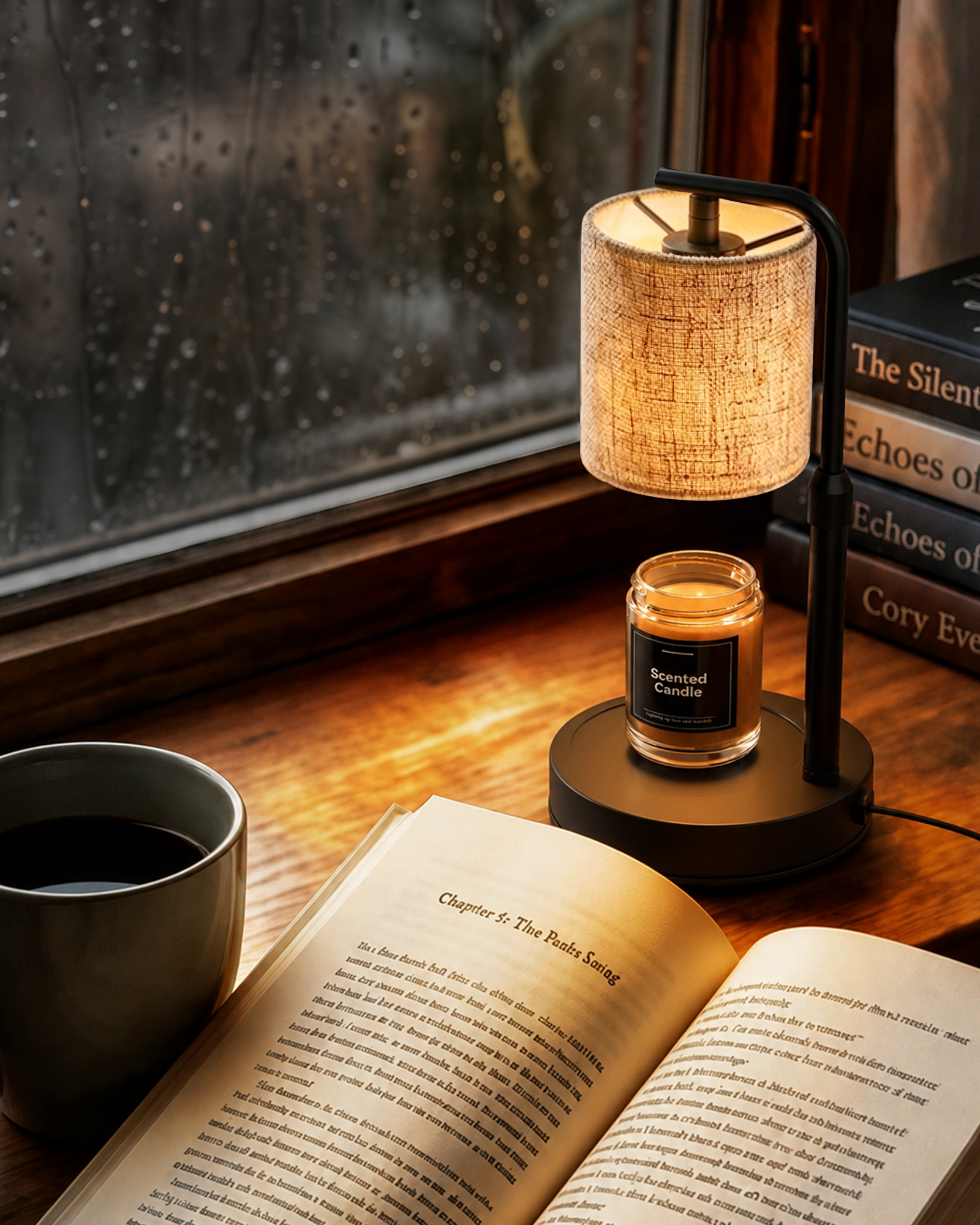 Candle warmer warm glow on desk with headphones music