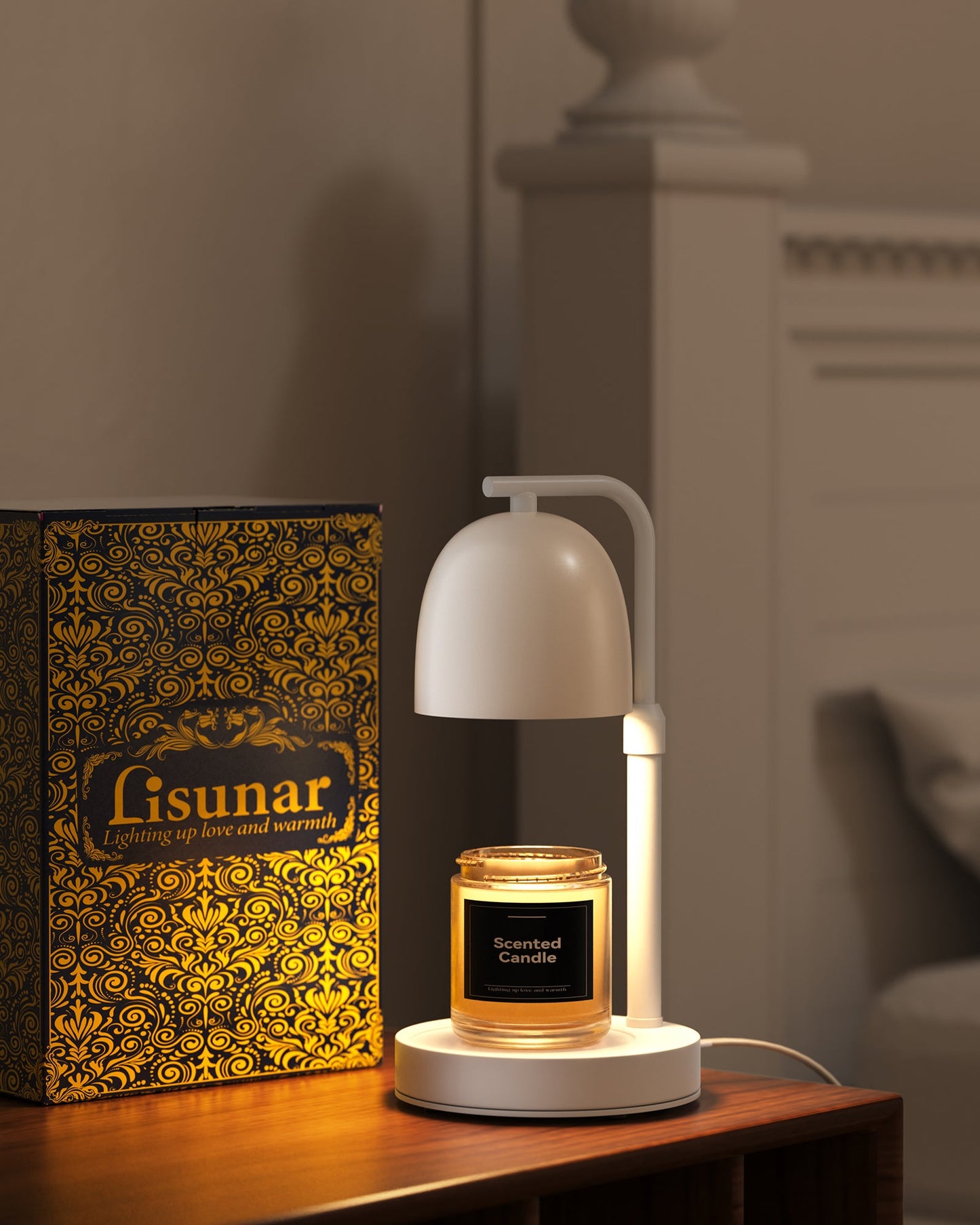 Candle warmer warm glow on desk with books